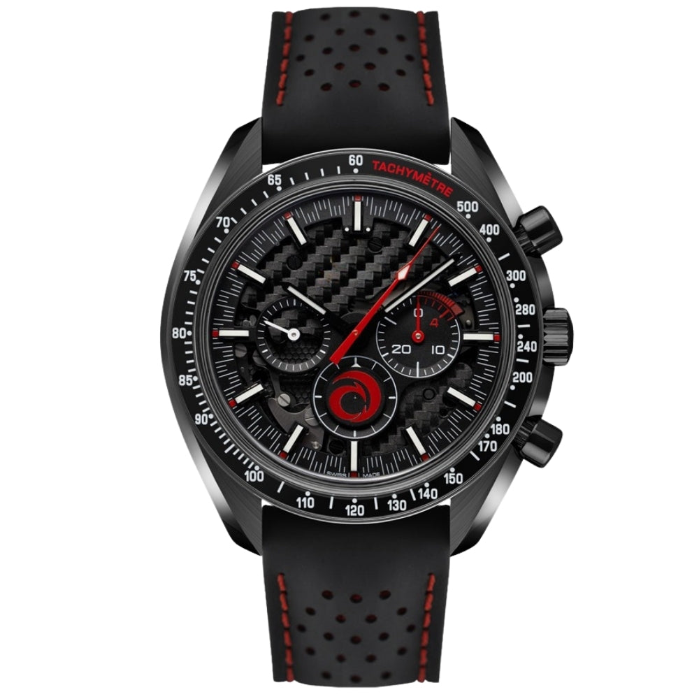 Racing Chrono Pro – Black Dial with Red Accents | Perforated Strap