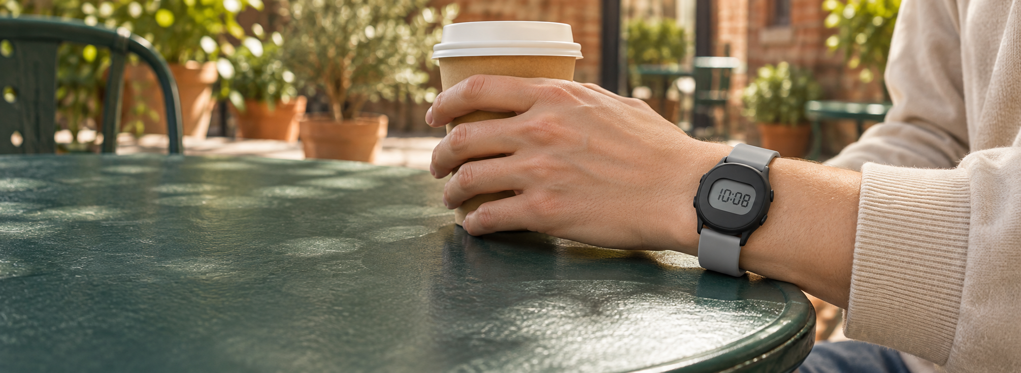A plain digital watch worn at an outdoor café